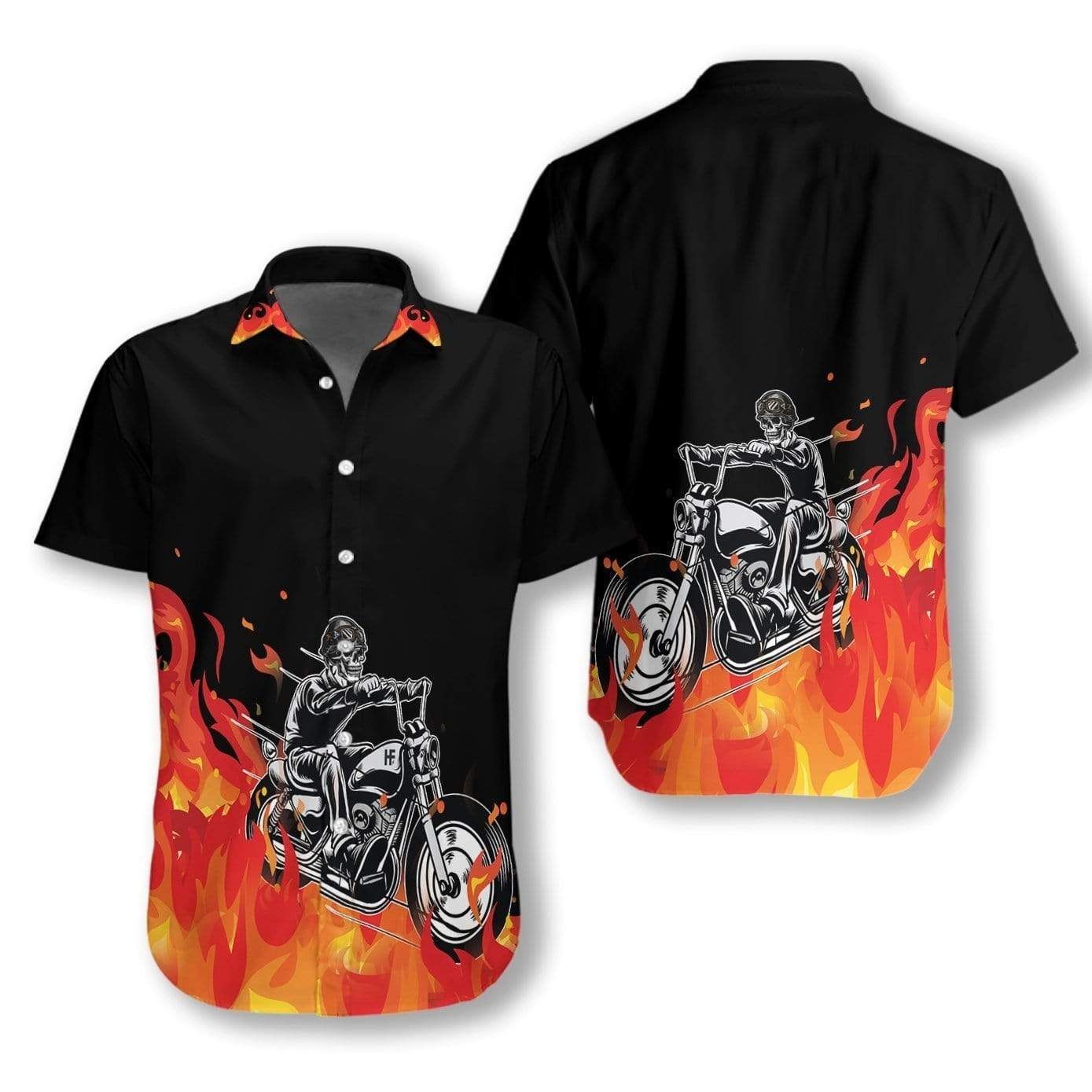 Felacia [Hawaii Shirt] Motorbike Skull with Fire Hawaiian Aloha Shirts-ZX0965